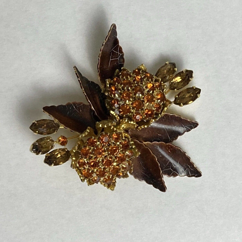 Vintage Weiss‎ Amber Navette Glass Rhinestone Brooch Fall Autumn leaves Mums